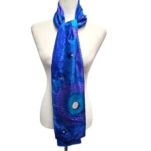Signed Vibrant Blue Purple Gold White Silk Neck Scarf Gorgeous Floral Design